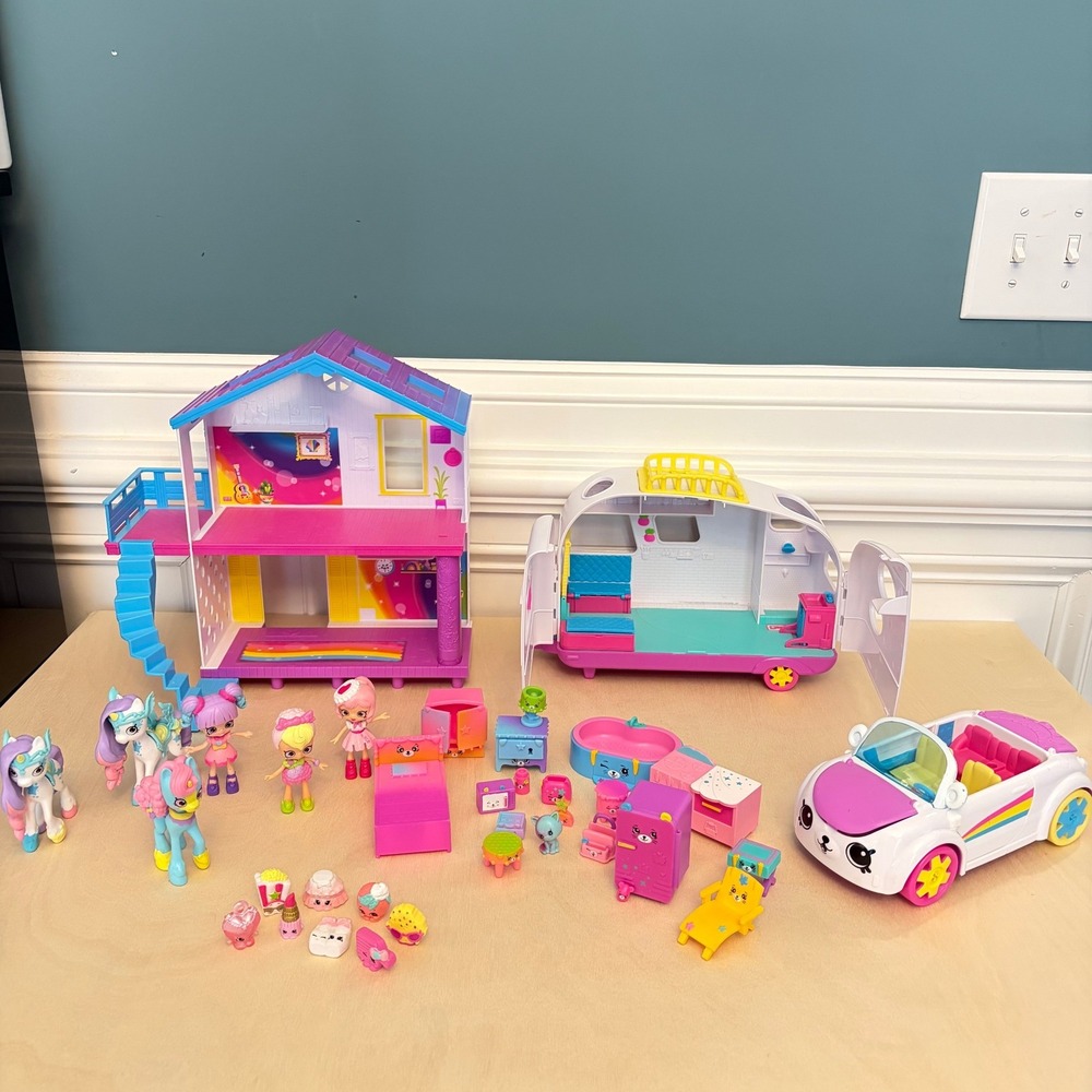 Shopkins Happy Places Rainbow Beach House Camper Car Figures Unicorn Doll Lot